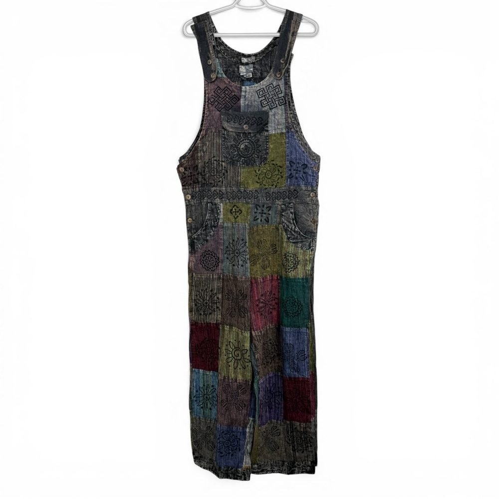 Ark Imports Enya Hand Printed Patchwork Cotton Overalls Women’s Size Small - Picture 3 of 10